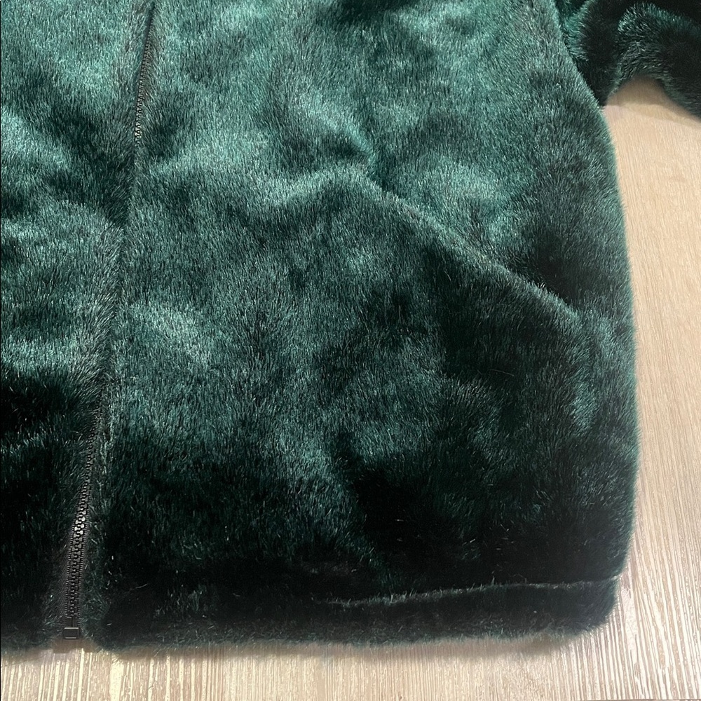 Gallery Vegan Faux Fur Bomber Coat Jacket Green collar pockets VTG vintage 90s - Picture 6 of 10